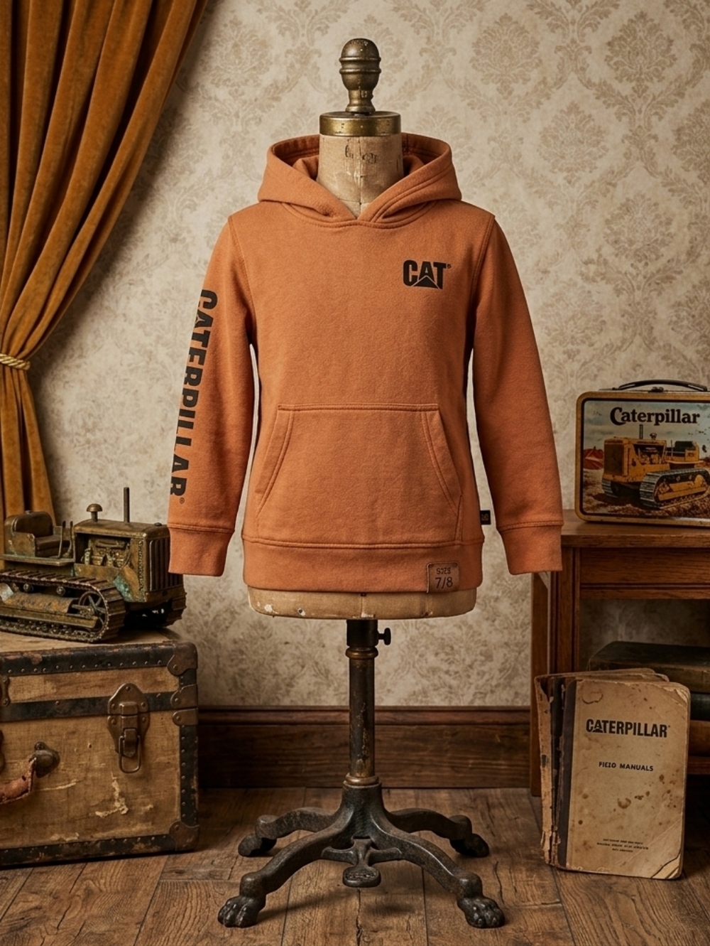 CAT Caterpillar Hoodie Kids 7/8 | Brown Logo Pullover | Youth Workwear Style